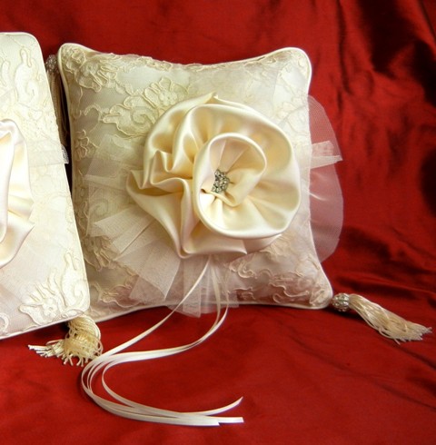 Re-Embroidered Lace Ring Pillow w/ Flower and Tassles